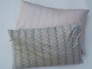 catalog photo of primitive old feather pillows, vintage flowered stripe cotton ticking fabric