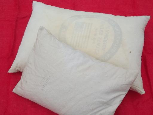 photo of primitive old feather pillows, vintage heavy cotton grain sack fabric #1