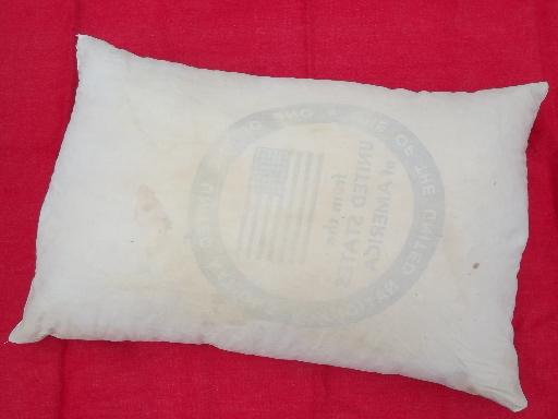 photo of primitive old feather pillows, vintage heavy cotton grain sack fabric #2