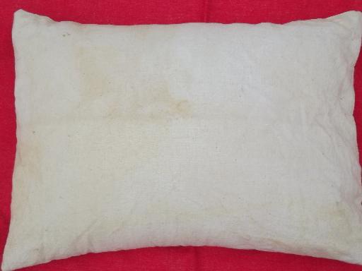 photo of primitive old feather pillows, vintage heavy cotton grain sack fabric #4