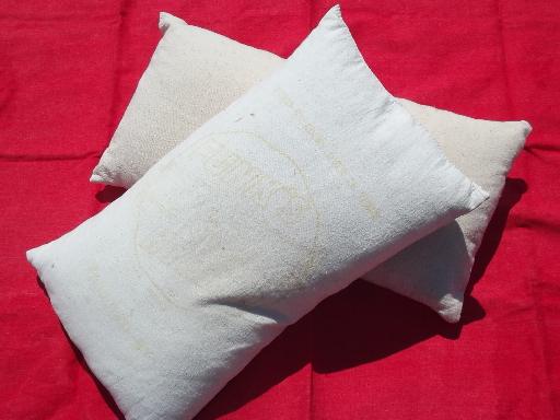 photo of primitive old feather pillows, vintage heavy cotton grain sack fabric #1