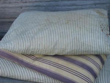 catalog photo of primitive old feather pillows, vintage striped cotton ticking fabric