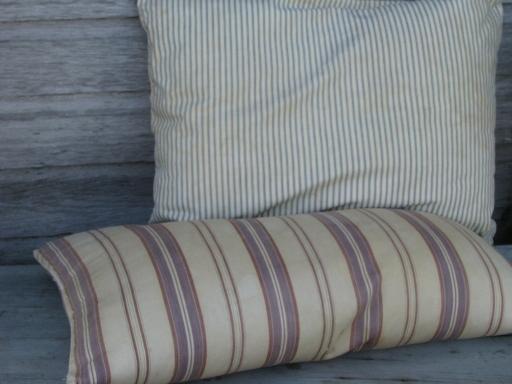 photo of primitive old feather pillows, vintage striped cotton ticking fabric #1