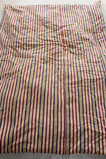 photo of primitive old feather tick bed mattress, vintage blue red wide striped cotton ticking #1