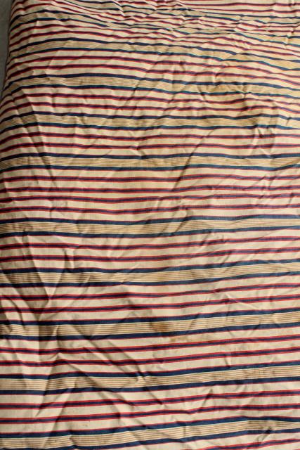 photo of primitive old feather tick bed mattress, vintage blue red wide striped cotton ticking #2