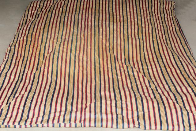 photo of primitive old feather tick bed mattress, vintage blue red wide striped cotton ticking #4