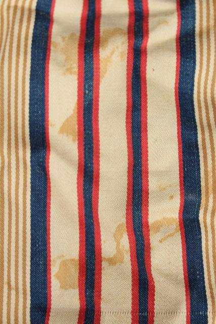 photo of primitive old feather tick bed mattress, vintage blue red wide striped cotton ticking #5