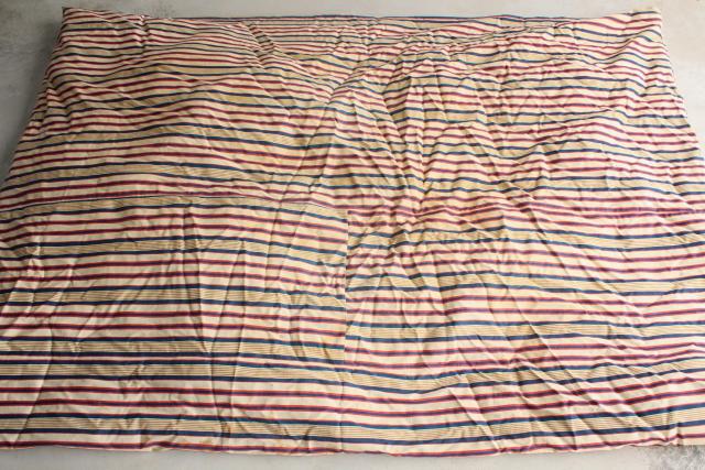 photo of primitive old feather tick bed mattress, vintage blue red wide striped cotton ticking #6