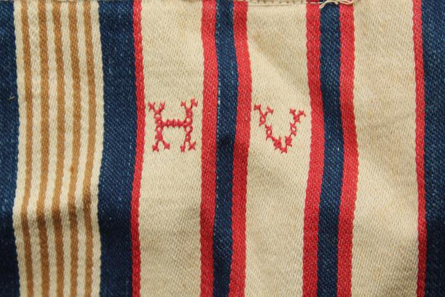 photo of primitive old feather tick bed mattress, vintage blue red wide striped cotton ticking #9