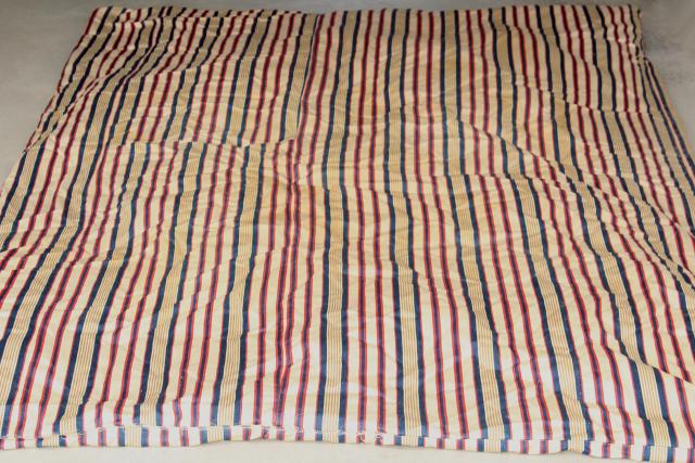 photo of primitive old feather tick bed mattress, vintage blue red wide striped cotton ticking #10