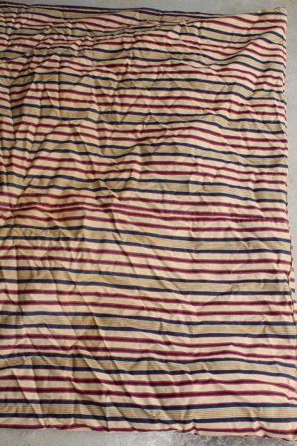 photo of primitive old feather tick bed mattress, vintage blue red wide striped cotton ticking #11