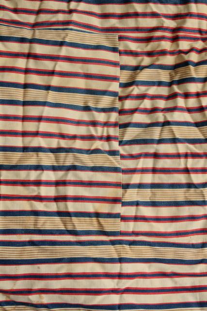 photo of primitive old feather tick bed mattress, vintage blue red wide striped cotton ticking #12