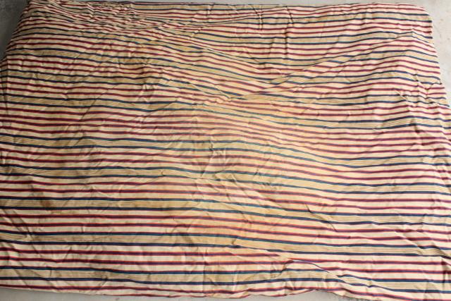 photo of primitive old feather tick bed mattress, vintage blue red wide striped cotton ticking #13