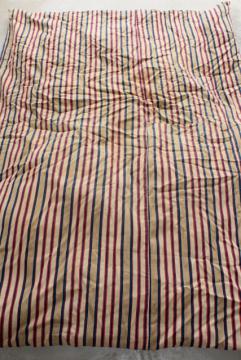 catalog photo of primitive old feather tick bed mattress, vintage blue red wide striped cotton ticking