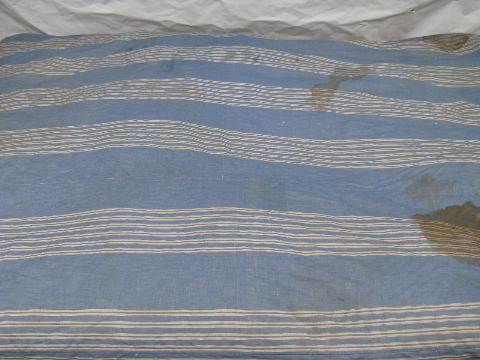 photo of primitive old feather tick bed mattress, vintage blue striped cotton chambray #1