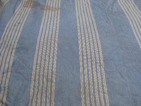 photo of primitive old feather tick bed mattress, vintage blue striped cotton chambray #2