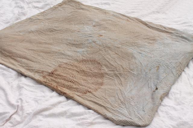 photo of primitive old feather tick bed mattress, vintage indigo blue striped cotton ticking #1