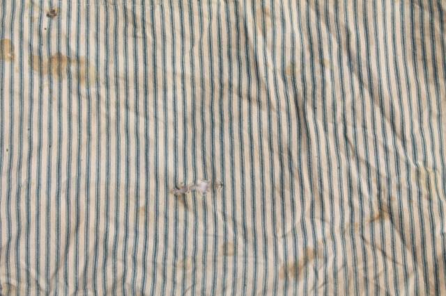 photo of primitive old feather tick bed mattress, vintage indigo blue striped cotton ticking #2