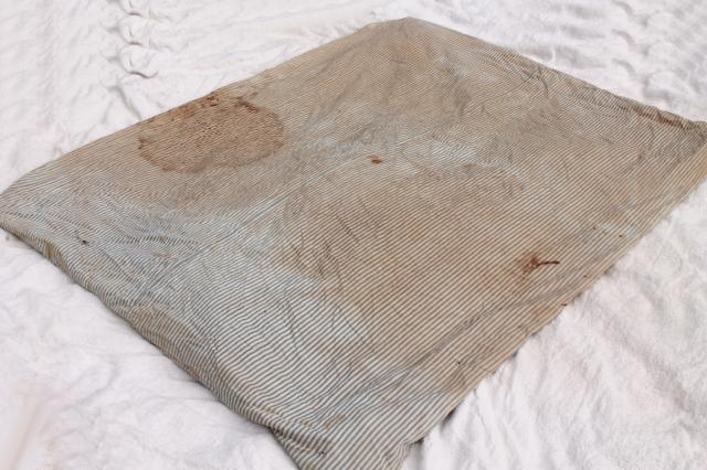 photo of primitive old feather tick bed mattress, vintage indigo blue striped cotton ticking #4