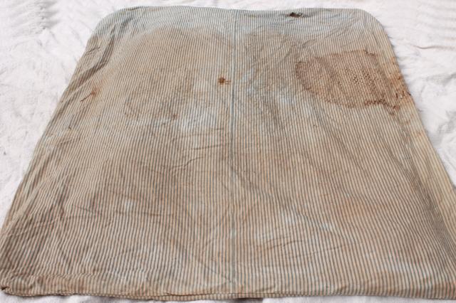 photo of primitive old feather tick bed mattress, vintage indigo blue striped cotton ticking #5