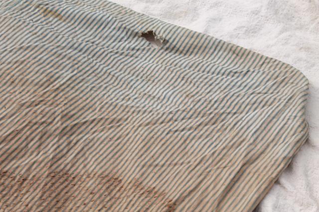 photo of primitive old feather tick bed mattress, vintage indigo blue striped cotton ticking #6