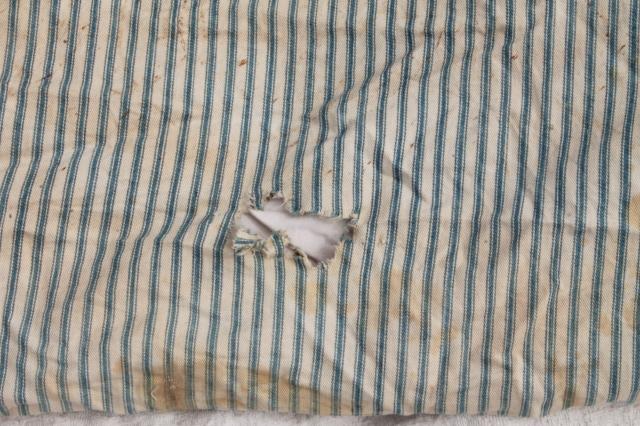 photo of primitive old feather tick bed mattress, vintage indigo blue striped cotton ticking #8