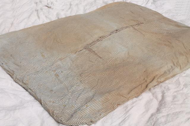 photo of primitive old feather tick bed mattress, vintage indigo blue striped cotton ticking #9