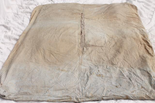 photo of primitive old feather tick bed mattress, vintage indigo blue striped cotton ticking #10