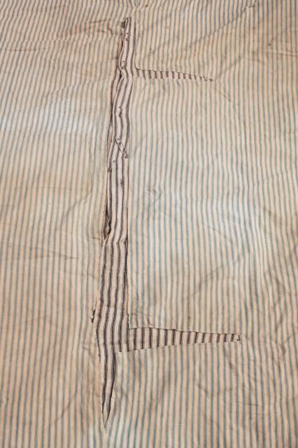 photo of primitive old feather tick bed mattress, vintage indigo blue striped cotton ticking #11