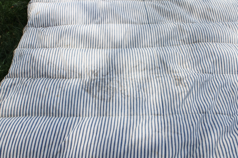 photo of primitive old feather tick bed mattress, vintage indigo blue striped cotton ticking #7