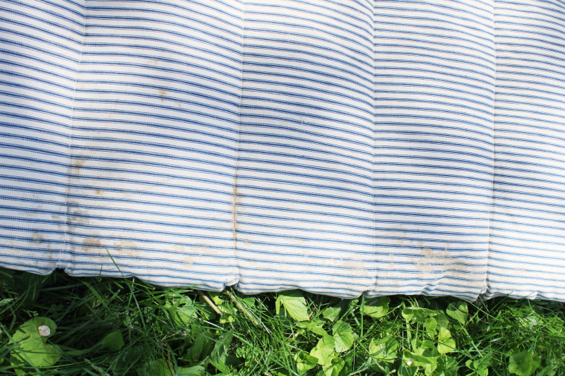 photo of primitive old feather tick bed mattress, vintage indigo blue striped cotton ticking #8
