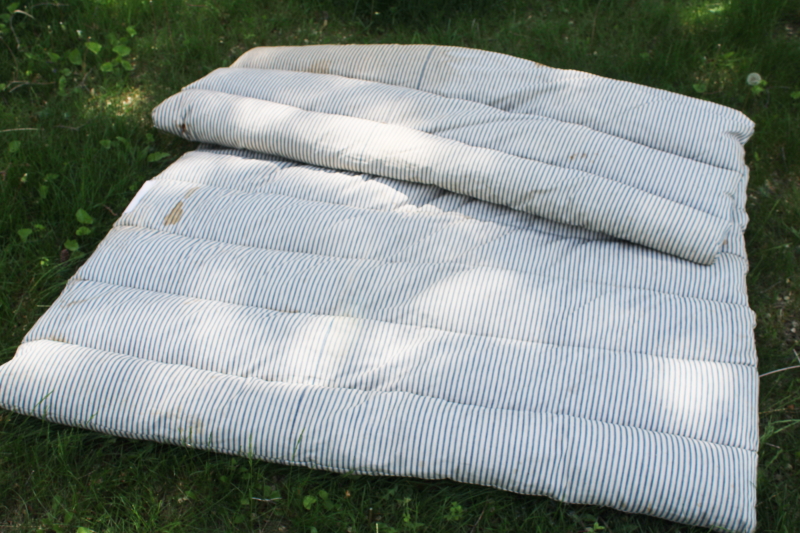 photo of primitive old feather tick bed mattress, vintage indigo blue striped cotton ticking #9