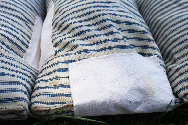 photo of primitive old feather tick bed mattress, vintage indigo blue striped cotton ticking #12
