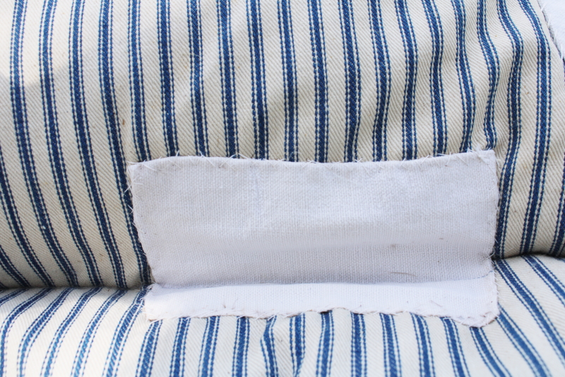 photo of primitive old feather tick bed mattress, vintage indigo blue striped cotton ticking #13