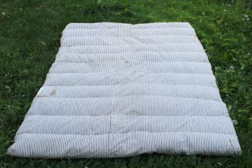 catalog photo of primitive old feather tick bed mattress, vintage indigo blue striped cotton ticking