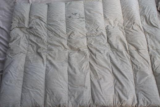 photo of primitive old feather tick bed mattress w/ vintage indigo blue striped cotton ticking fabric #3