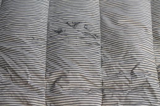 photo of primitive old feather tick bed mattress w/ vintage indigo blue striped cotton ticking fabric #4