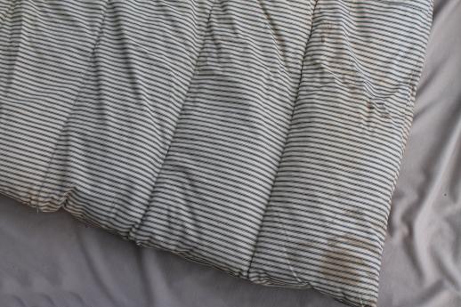 photo of primitive old feather tick bed mattress w/ vintage indigo blue striped cotton ticking fabric #6