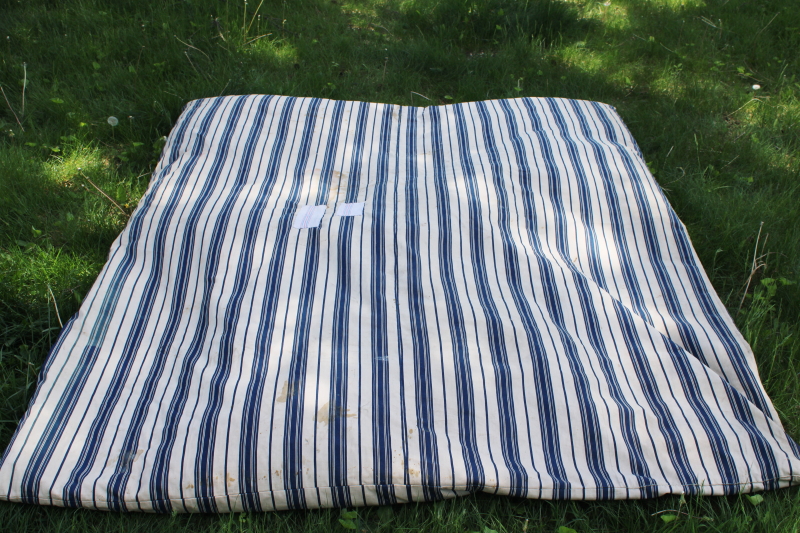 photo of primitive old feather tick bed mattress, vintage wide stripe blue & white cotton ticking #1