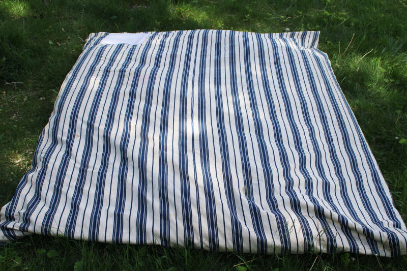 photo of primitive old feather tick bed mattress, vintage wide stripe blue & white cotton ticking #2