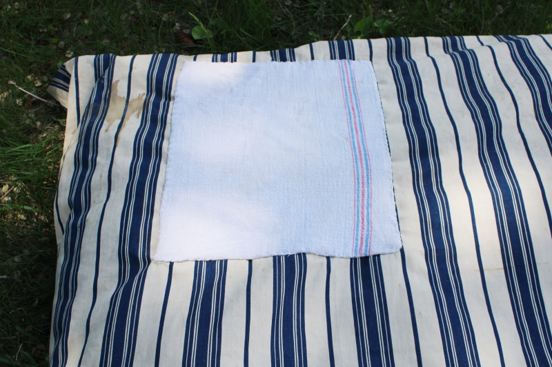 photo of primitive old feather tick bed mattress, vintage wide stripe blue & white cotton ticking #5