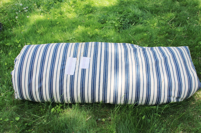 photo of primitive old feather tick bed mattress, vintage wide stripe blue & white cotton ticking #6