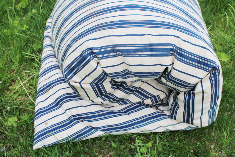 photo of primitive old feather tick bed mattress, vintage wide stripe blue & white cotton ticking #7