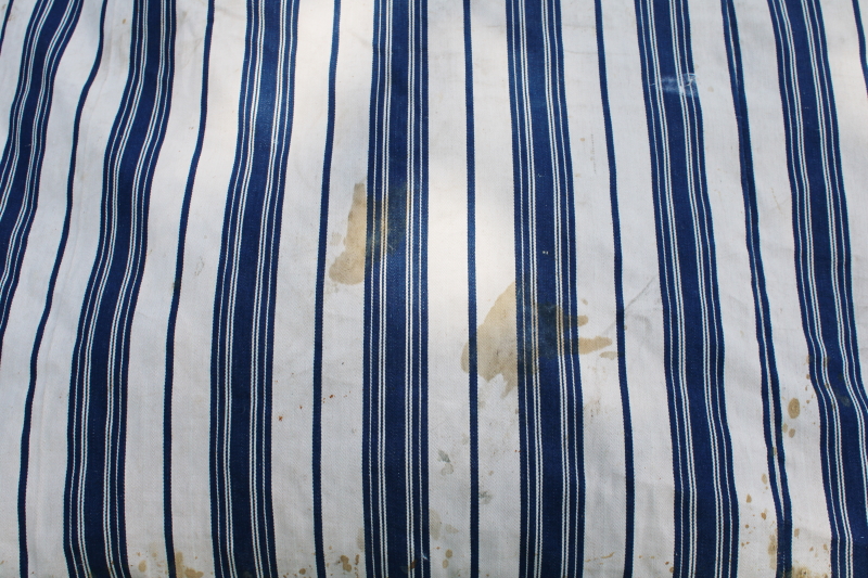 photo of primitive old feather tick bed mattress, vintage wide stripe blue & white cotton ticking #10