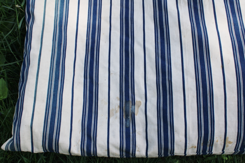 photo of primitive old feather tick bed mattress, vintage wide stripe blue & white cotton ticking #11