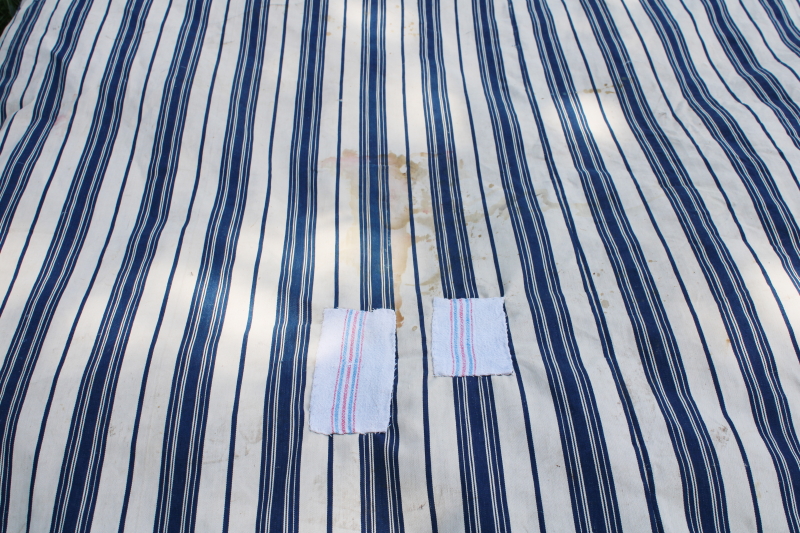 photo of primitive old feather tick bed mattress, vintage wide stripe blue & white cotton ticking #12