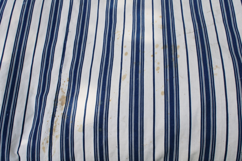 photo of primitive old feather tick bed mattress, vintage wide stripe blue & white cotton ticking #14