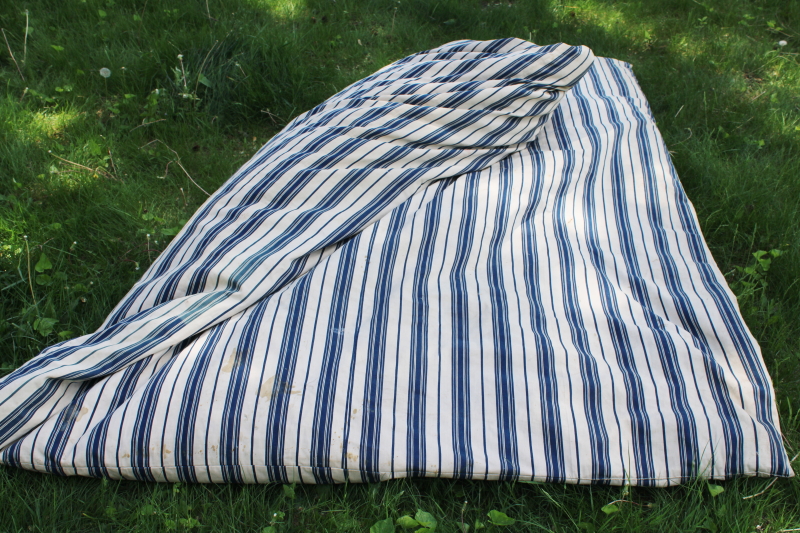 photo of primitive old feather tick bed mattress, vintage wide stripe blue & white cotton ticking #15