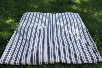 catalog photo of primitive old feather tick bed mattress, vintage wide stripe blue & white cotton ticking