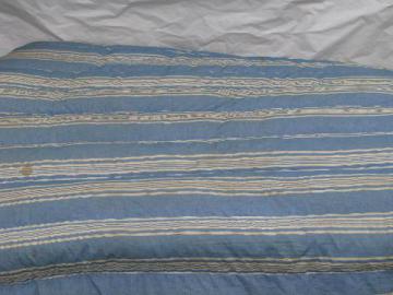 catalog photo of primitive old feather tick bed or duvet, vintage blue & white stripe cotton chambray